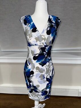 Lauren Ralph Lauren Blue, Navy & White Floral Wrap-Detail Midi Dress